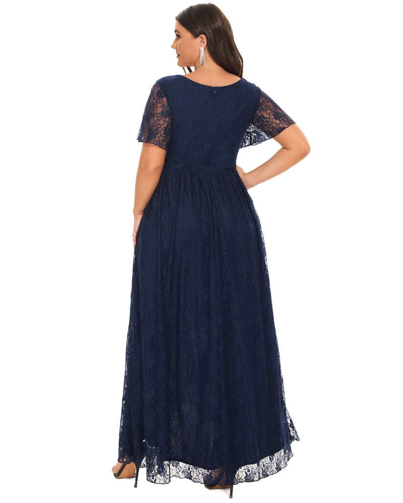Short Sleeve Ruffled V Neck A Line Lace Evening Dress Navy Blue